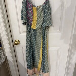 O'Neill Striped Maxi Dress in green, Yellow, Pink